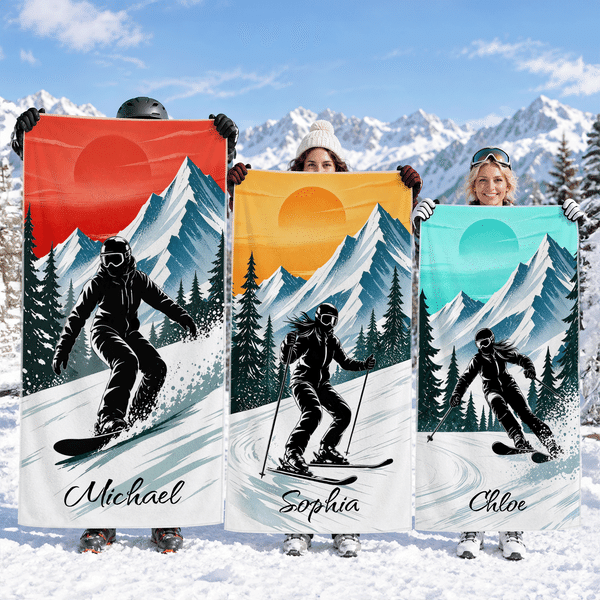 Personalised Ski Silhouette Quick-Drying Microfiber Sports Towel with Name Outdoor Activity Use Ski Trip Birthday Gift for Ski Lovers