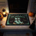 Gepersonaliseerde veelkleurige heksenlaarzen met vleermuizen – Halloween-thema – antislip deurmat met tekst – woondecoratie – Halloween-cadeau voor familie en vrienden