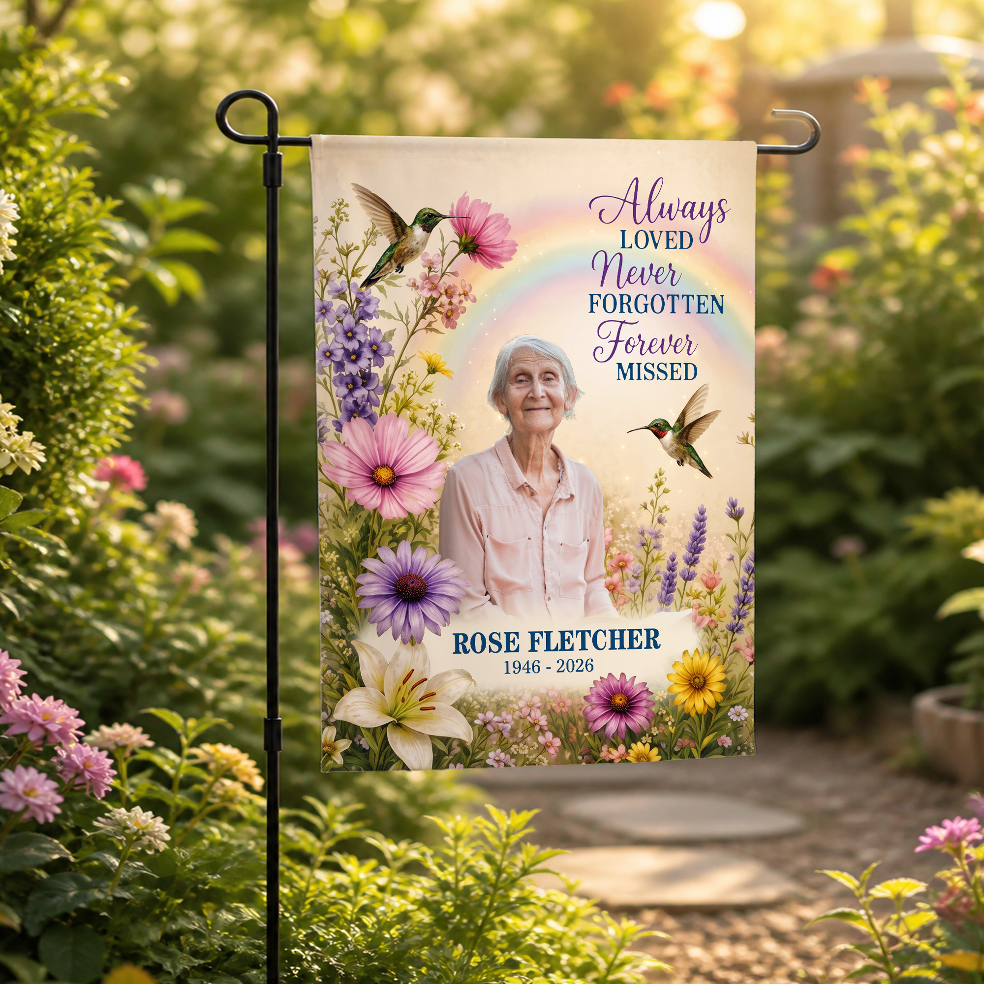 Personalised Floral Hummingbird Rainbow Photo Memorial Garden Flag with Name and Date Commemorative Sympathy Gift for Loss of Loved One