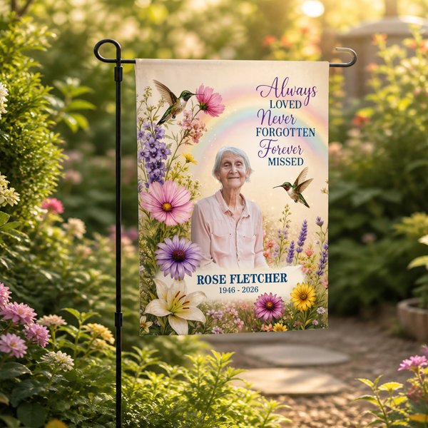 Personalised Floral Hummingbird Rainbow Photo Memorial Garden Flag with Name and Date Commemorative Sympathy Gift for Loss of Loved One