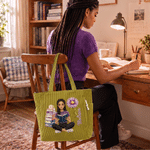 Personalised 3D-Style Art Birth Flower Reading Photo Large Capacity Corduroy Tote Bag with Name Birthday Christmas Gift for Librarians Book Lovers