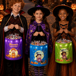 Personalized Pumpkin Ghost Bat Cartoon Character Photo LED Light Bucket Bag with Name Halloween Trick or Treat Gift for Children