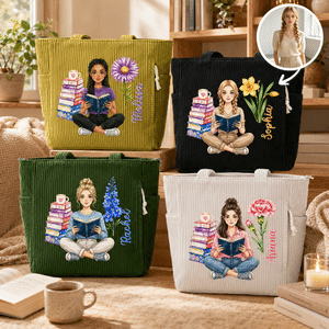 Personalised 3D-Style Art Birth Flower Reading Photo Large Capacity Corduroy Tote Bag with Name Birthday Christmas Gift for Librarians Book Lovers