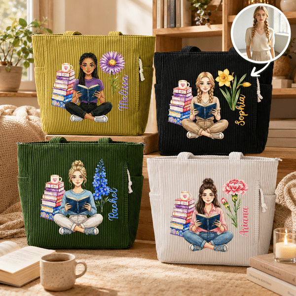 Personalised 3D-Style Art Birth Flower Reading Photo Large Capacity Corduroy Tote Bag with Name Birthday Christmas Gift for Librarians Book Lovers