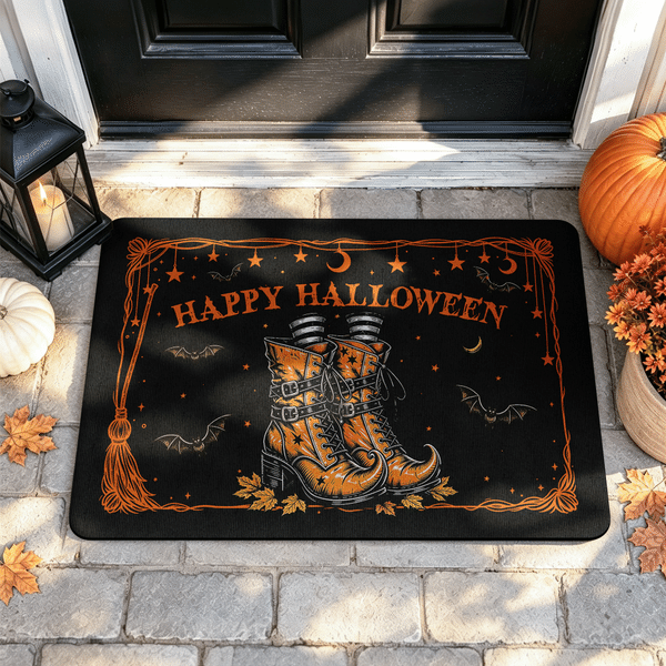Personalised Multicolour Witch Boots Bat Halloween Theme Non-Slip Doormat with Text Home Decor Halloween Gift for Family Friends