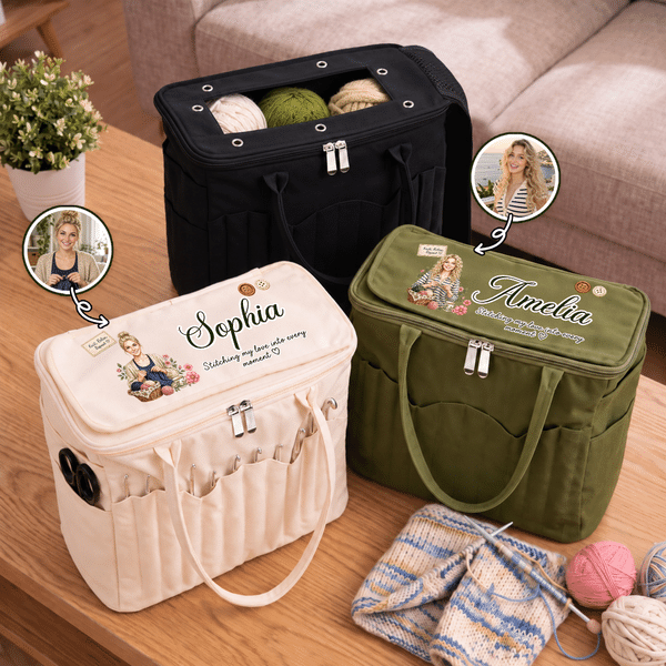 Personalized Cartoon Character Large Canvas Knitting Yarn Storage Bag with Name and Needle Pockets Daily Use Birthday Gift for Knitters Crocheters