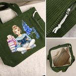 Personalised 3D-Style Art Birth Flower Reading Photo Large Capacity Corduroy Tote Bag with Name Birthday Christmas Gift for Librarians Book Lovers