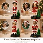Figurine personnalisée de Noël représentant le Père Noël et un lutin, imprimée en 3D à partir d'une photo, avec inscription et socle en bois – Décoration festive et cadeau de Noël pour la famille et l