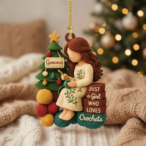 Personalized 2D Crochet Girl Yarn Wooden Acrylic Christmas Tree Ornament with Name Home Decor Christmas Gift for Crochet Lovers