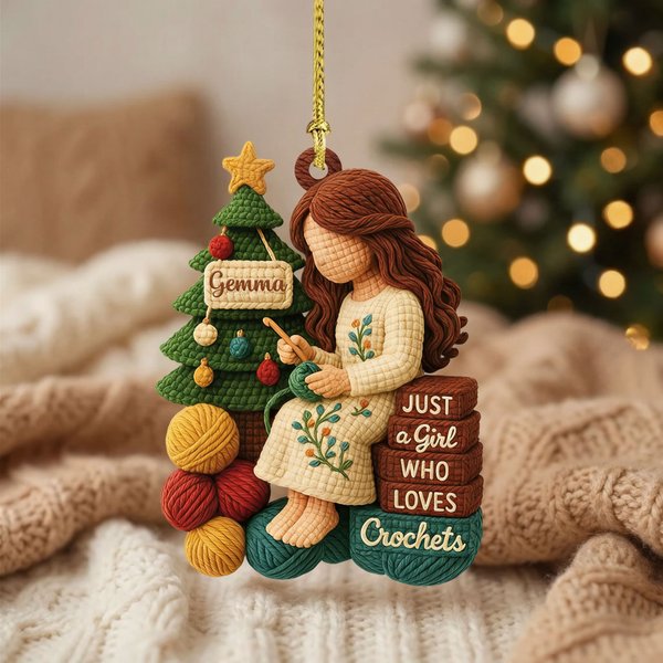 Personalised 2D Crochet Girl Yarn Wooden Acrylic Christmas Tree Ornament with Name Home Decor Christmas Gift for Crochet Lovers