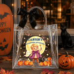 Sachet cadeau transparent personnalisé pour Halloween, orné d'un personnage de dessin animé représentant une sorcière dans une citrouille, avec ruban et prénom – Cadeau d'Halloween pour enfants
