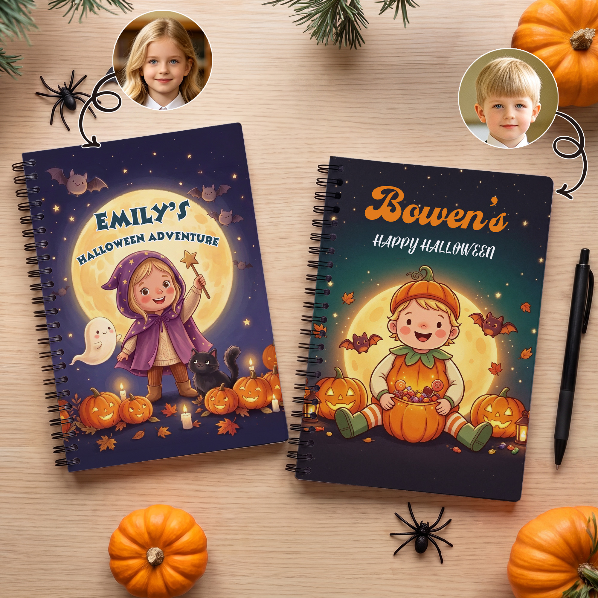 Personalisiertes A5-Spiralheft mit Halloween-Kürbis-Hexe-Cartoon-Figur und Namensaufdruck – Halloween-Geschenk für Kinder zum täglichen Gebrauch