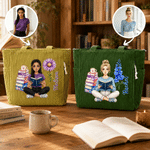 Personalised 3D-Style Art Birth Flower Reading Photo Large Capacity Corduroy Tote Bag with Name Birthday Christmas Gift for Librarians Book Lovers