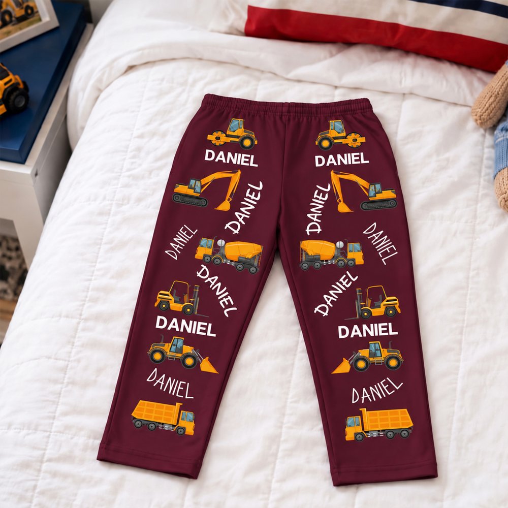 Personalised Multicolour Construction Lorry Excavator Forklift Soft Pyjama Bottoms with Name Daily Wear Birthday Gift for Boys Kids 3