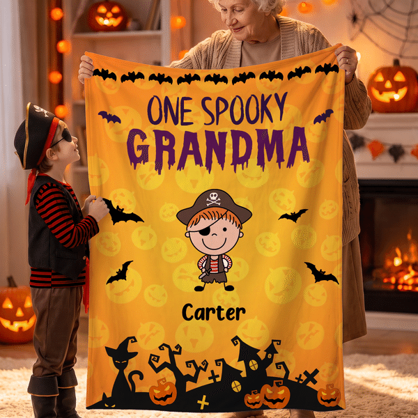 Personalized One Spooky Grandma 1-5 Halloween Cartoon Characters Soft Throw Blanket with Name Daily Use Home Decor Halloween Gift for Grandma