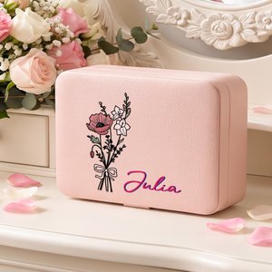 Personalized Birth Flower Bouquet Multi-Compartment Jewelry Box with LED Makeup Mirror Travel Essential Birthday Gift for Women