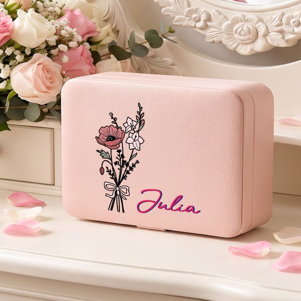 Personalized Birth Flower Bouquet Multi-Compartment Jewellery Box with LED Makeup Mirror Travel Essential Birthday Gift for Women