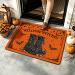 Gepersonaliseerde veelkleurige heksenlaarzen met vleermuizen – Halloween-thema – antislip deurmat met tekst – woondecoratie – Halloween-cadeau voor familie en vrienden