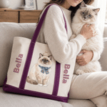 Personalized Cute Cartoon Pet Photo Multicolour Canvas Tote Bag with Name Daily Use New Puppy Birthday Gift for Pet Owner Parent Lover