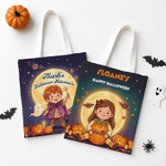 Gepersonaliseerde Halloween-thema fotodraagtas met pompoen, spook, vleermuis en stripfiguur, voorzien van naam – Halloween-cadeau voor kinderen