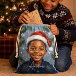 Personalized Oil Painting Style Photo Multicolor Large Drawstring Christmas Gift Bag with Name Christmas Party Gift for Kids Friends