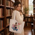 Personalised 3D-Style Art Birth Flower Reading Photo Large Capacity Corduroy Tote Bag with Name Birthday Christmas Gift for Librarians Book Lovers