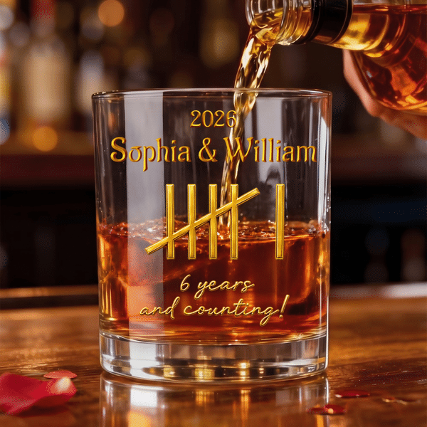 Personalized 3D-Effect Artwork 1-100 Anniversary Counting 10 oz Whisky Glass with Names and Year Daily Use Anniversary Gift for Couple