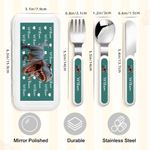 Personalized Cartoon Dinosaur Kid Character Photo Fork Spoon Knife 3 Pcs Cutlery Set with Name and Case Back to School Birthday Gift for Boys Girls