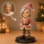 Figurine personnalisée de Noël représentant le Père Noël et un lutin, imprimée en 3D à partir d'une photo, avec inscription et socle en bois – Décoration festive et cadeau de Noël pour la famille et l