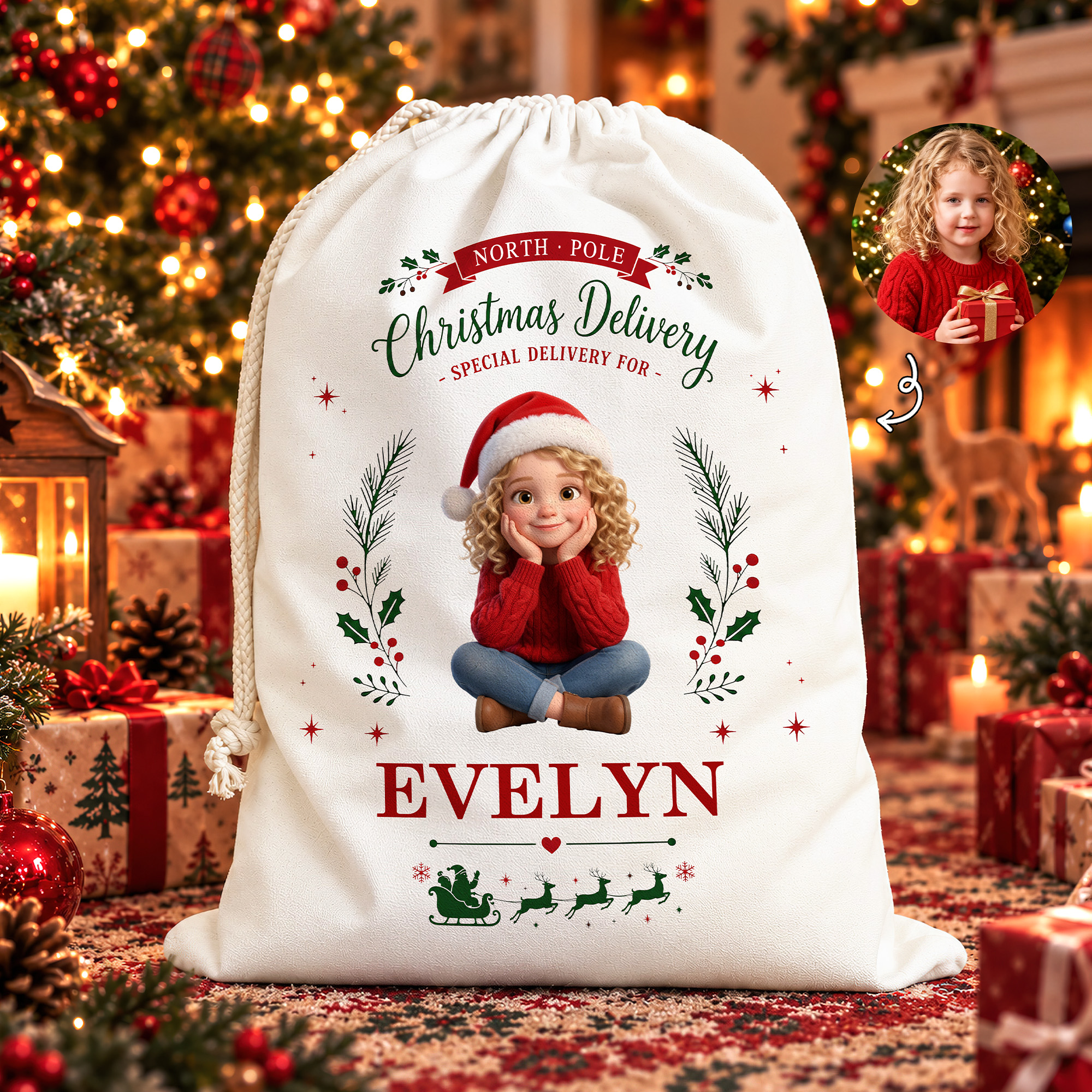 Individuell gestaltete Weihnachtstüte mit 3D-Effekt, Cartoon-Figur und Foto, mit Kordelzug und Namenszug – Weihnachtsgeschenk für Jungen und Mädchen