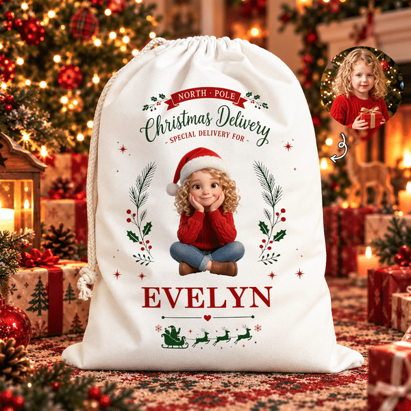 Personalized 3D-Effect Artwork Cartoon Character Photo Drawstring Christmas Gift Bag with Name Christmas Party Gift for Boys Girls