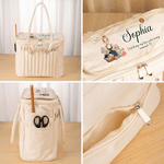 Personalized Cartoon Character Large Canvas Knitting Yarn Storage Bag with Name and Needle Pockets Daily Use Birthday Gift for Knitters Crocheters