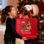 Personalized 3D-Effect Artwork Christmas Cartoon Character Photo Large Capacity Red Tote Bag with Initial and Name Christmas Gift for Kids Family
