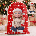 Personalized 3D-Style Artwork Santa Hat Character Photo Canvas Drawstring Gift Bag with Name Christmas Party Gift for Boys Girls