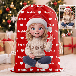Gepersonaliseerd kunstwerk in 3D-stijl: fotodoek met kerstmanmuts-figuur en cadeauzakje met trekkoord, met naam – kerstfeestcadeau voor jongens en meisjes