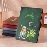 Personalised Birth Flower Hand-Drawn Style Cartoon Photo PU Leather Notebook Pen Gift Box Set with Name Birthday Gift for Women