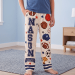 Personalized Cartoon Ball Sports Quilt-Effect Pattern Soft Pajama Pants with Name and Initial Daily Use Birthday Gift for Family Boys Kids
