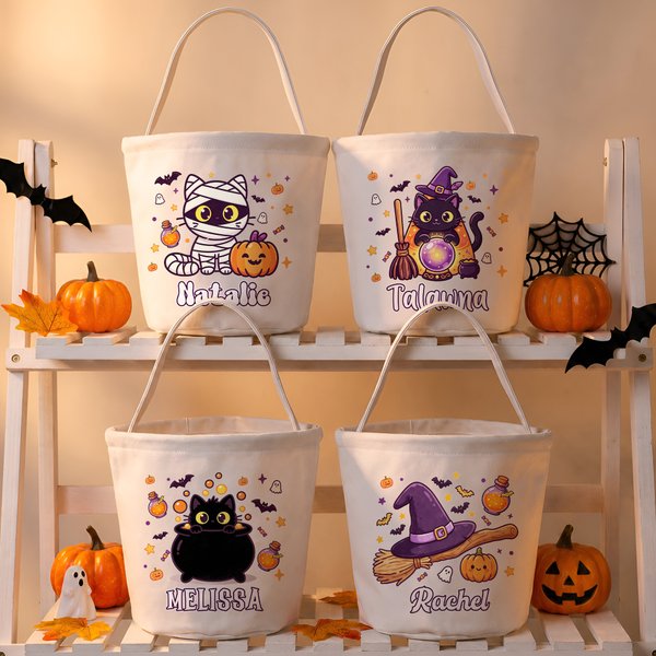 Personalised Ghost Pumpkin Halloween Theme Canvas Candy Bucket Bag with Name Trick or Treat Party Halloween Gift for Boys Girls