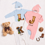 Personalized Western-Style Initial 100% Cotton Baby Romper Hat Set with Name Baby Shower Gift for Newborns