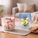 Personalised Birth Flower 3D Heart Ornament Gradient Style Glass Mug with Name Daily Use Birthday Anniversary Gift for Women Family Friends