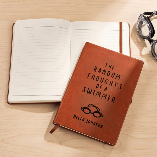 Personalized Swimming Theme A5 PU Leather Notebook with Name Daily Use Swimming Club Birthday Gift for Swimmer Swimming Enthusiast