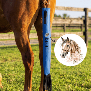 Bolsa protectora para la cola del caballo con diseño personalizado de un caballo y una rosa, con nombre y flecos. Para el cuidado diario del caballo. Ideal como regalo para propietarios y amantes de l