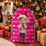 Personalized 3D-Style Artwork Santa Hat Character Photo Canvas Drawstring Gift Bag with Name Christmas Party Gift for Boys Girls