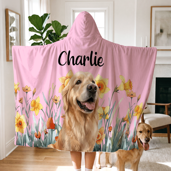Personalized Multicolour Pet Photo Birth Flower Soft Hooded Blanket with Name Bedroom Decor Birthday Gift for Pet Owners Lovers