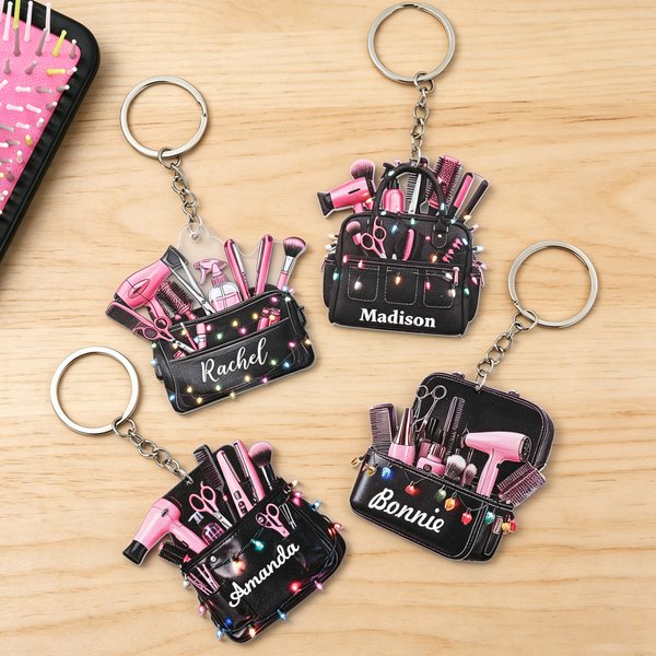 Personalized 3D-Effect Art Hairstylist Keychain with Name Hair Tools Salon Bag Appreciation Birthday Gift for Hairdressers