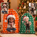 Personalized 3D-Style Artwork Santa Hat Character Photo Canvas Drawstring Gift Bag with Name Christmas Party Gift for Boys Girls