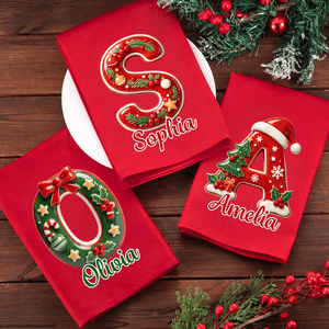 Servilleta roja de algodón 100 %, con diseño personalizado con efecto 3D, inicial navideña y nombre; decoración de mesa; regalo de Navidad para familias, parejas y niños