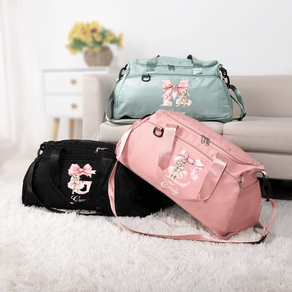 Personalised Ballerina Rabbit Initial Name Travel Duffle Bag with Shoe Compartment and Shoulder Strap Birthday Team Gift for Ballet Lovers