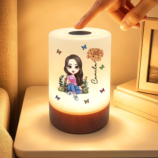 Personalized Cartoon Character Dimmable Touch Control Rechargeable Night Light with Name and Birth Flower Bedroom Decor Birthday Gift for Book Lover