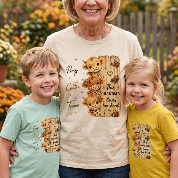 Personalised Highland Cow Pattern Kid Adult T-shirt Sweatshirt Hoodie with Title and 1-16 Names Family Outfit Thanksgiving Christmas Gift for Family